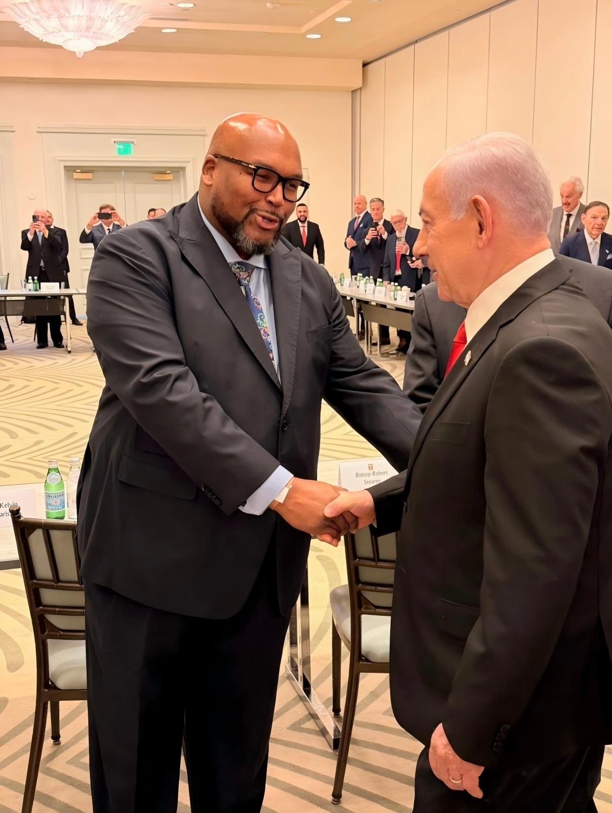Bishop Kelvin L. Cobaris greeting Prime Minister Benjamin Netanyahu