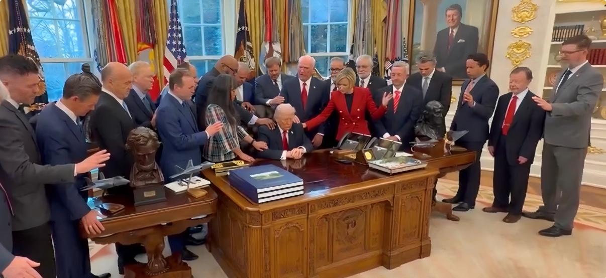 Faith leaders gathering in prayer in the Oval Office